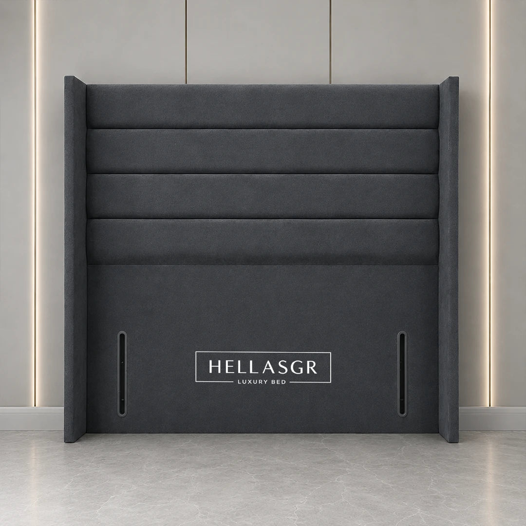 Dark Grey upholstered bed headboard with vertical channel tufting