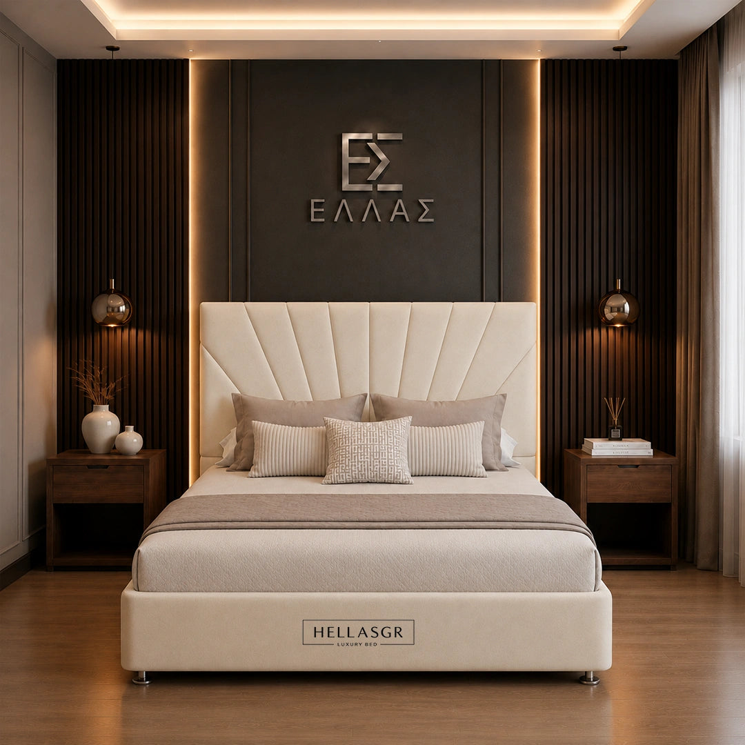 A luxury upholstered bed set in a modern bedroom. The bed features a cream tufted headboard and matching cream base with the brand name 'HELLASGR' visible on the front.