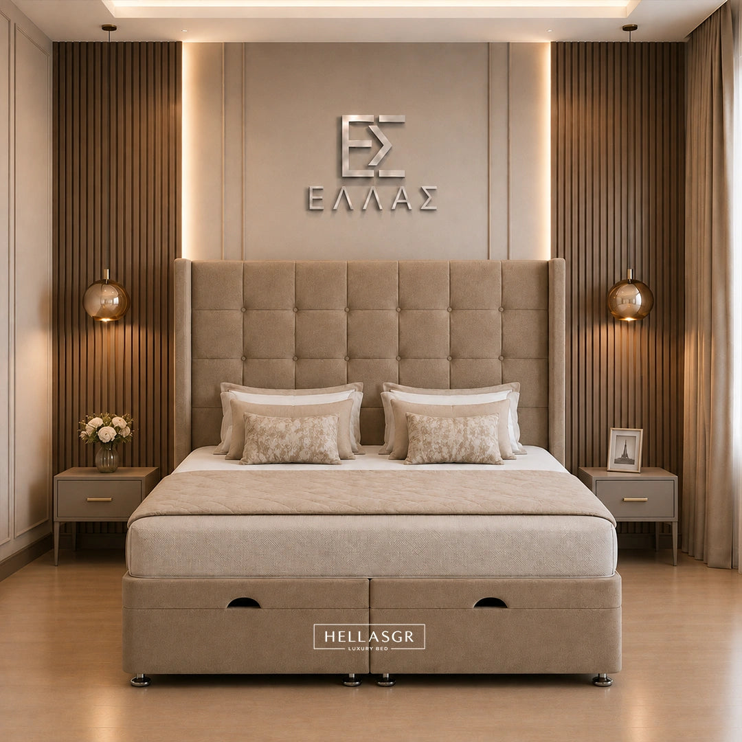 Beige upholstered bed with tufted headboard and drawer storage