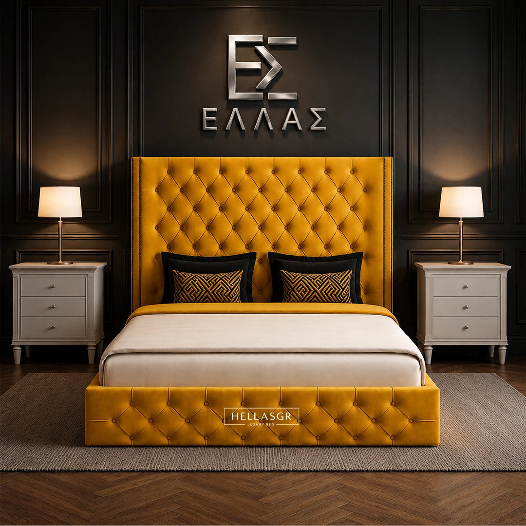 Modern bedroom with a tufted blue Midnight Columbus bed and decorative wall logo.