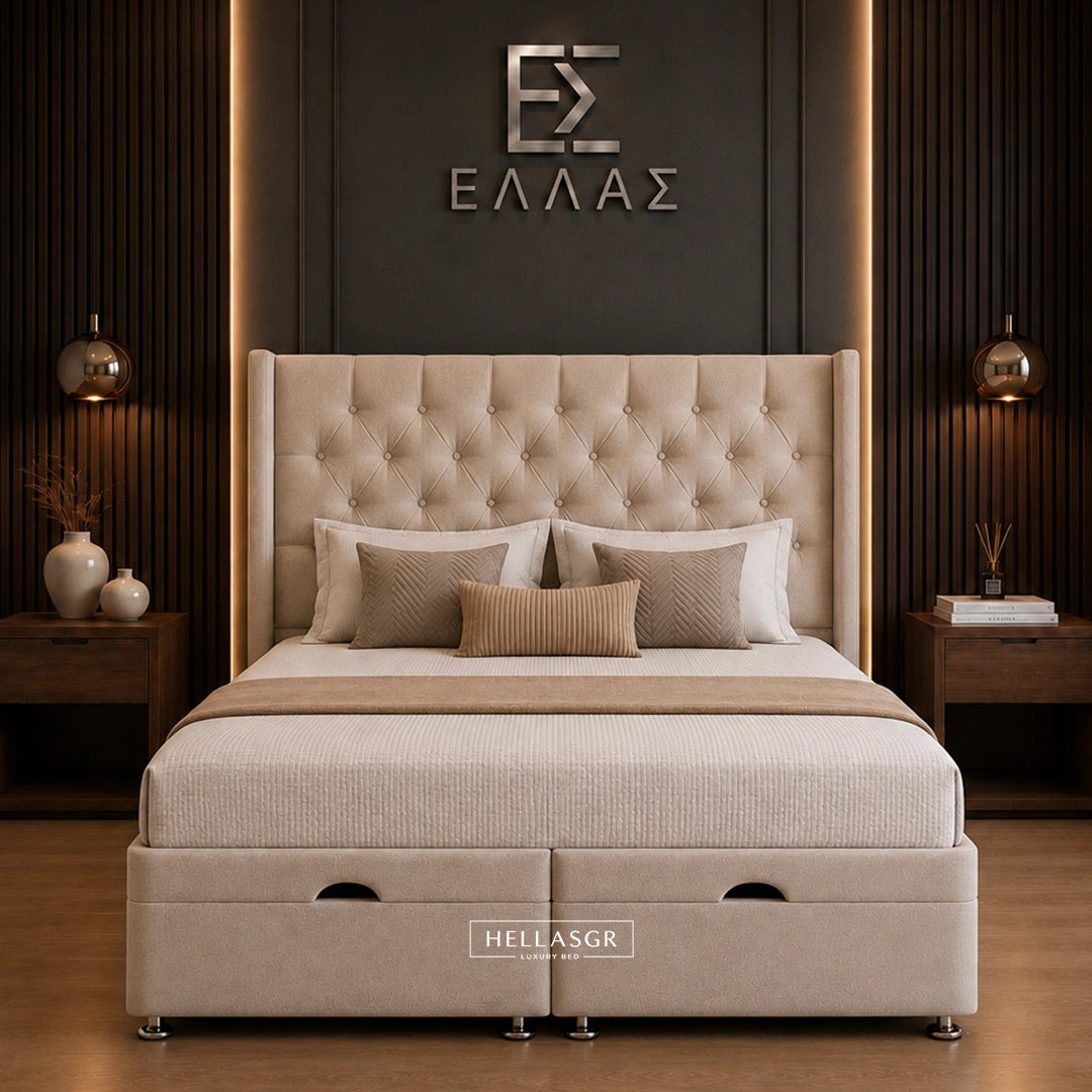 Beige upholstered bed with tufted headboard and drawer storage