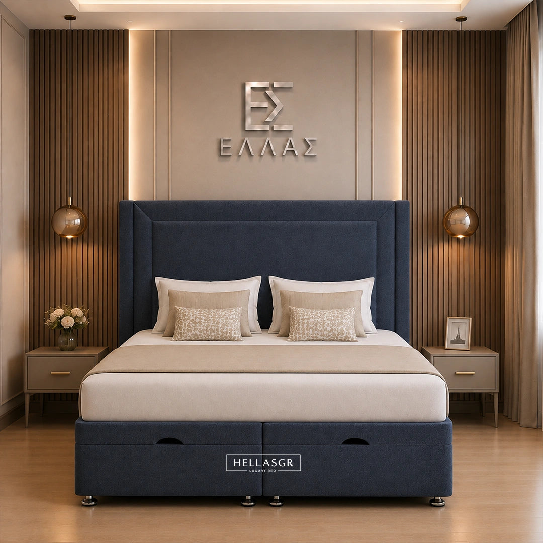 Navy blue upholstered bed frame with a tall headboard and storage base
