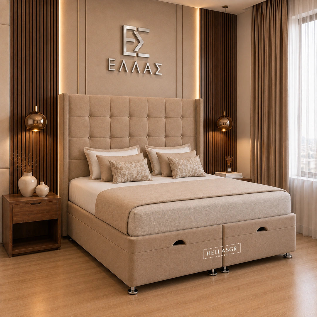 Beige upholstered bed with tufted headboard and drawer storage