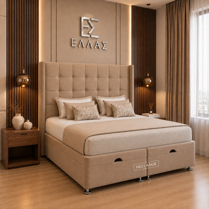 Beige upholstered bed with tufted headboard and drawer storage