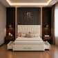 A luxury modern bed with a cream tufted headboard and matching storage drawers, styled in a contemporary bedroom with dark wood slat walls, warm ambient lighting, and the brand name HELLASGR visible on the wall and footboard.