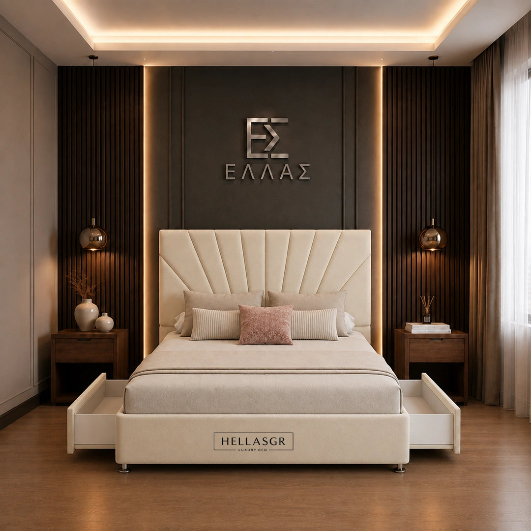 A luxury modern bed with a cream tufted headboard and matching storage drawers, styled in a contemporary bedroom with dark wood slat walls, warm ambient lighting, and the brand name HELLASGR visible on the wall and footboard.
