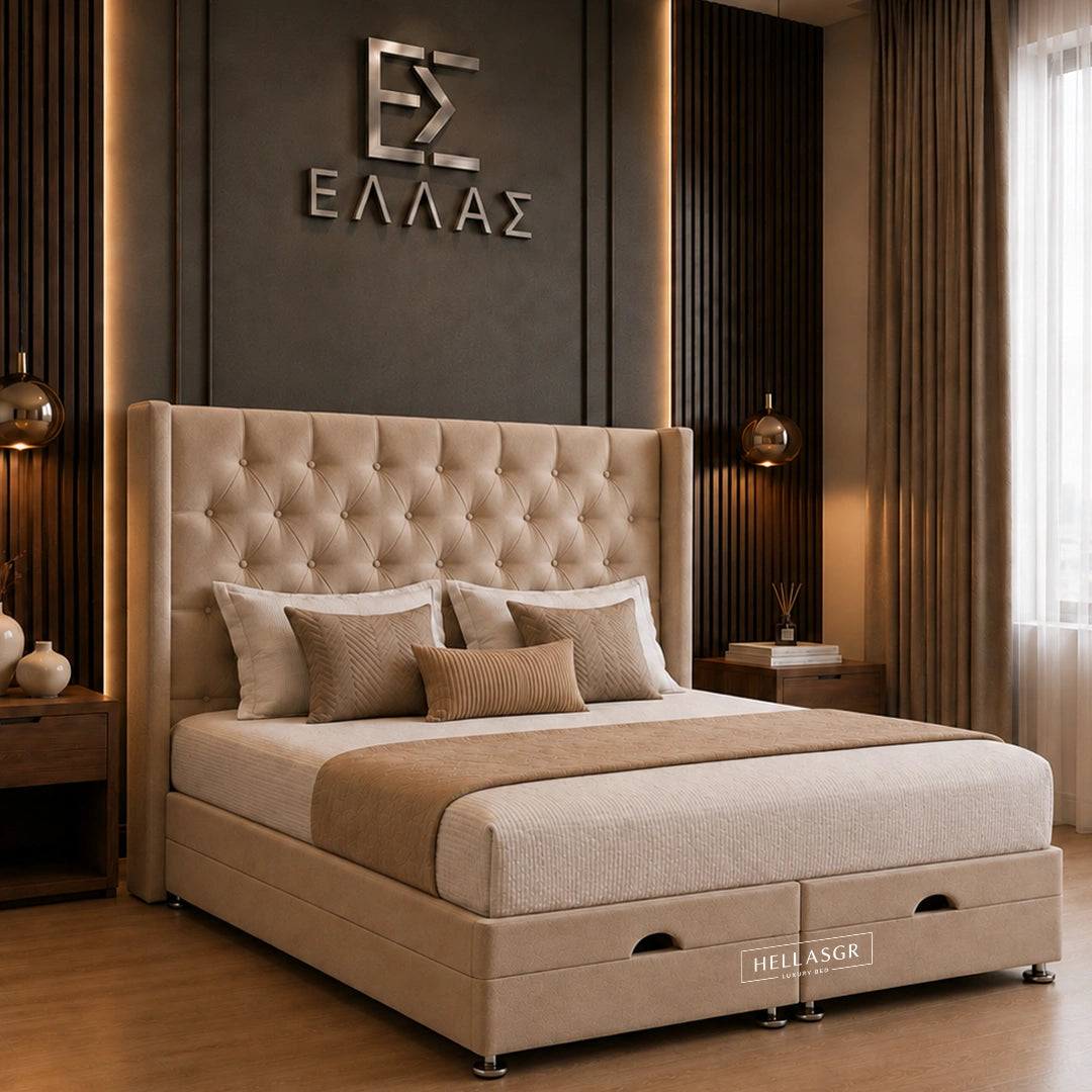 Beige upholstered bed with tufted headboard and drawer storage