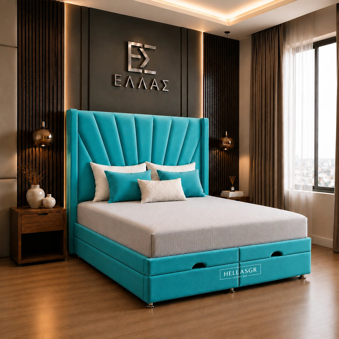 Turquoise upholstered bed with a tall tufted headboard and matching footboard.