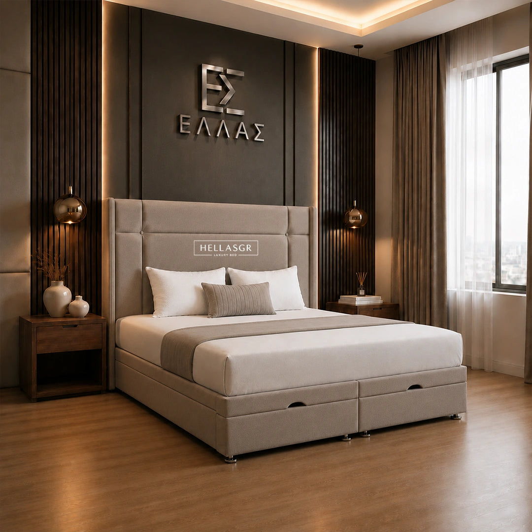 beige tufted headboard and matching storage base