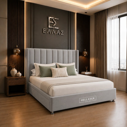 Luxury upholstered bed with side storage drawers in modern bedroom