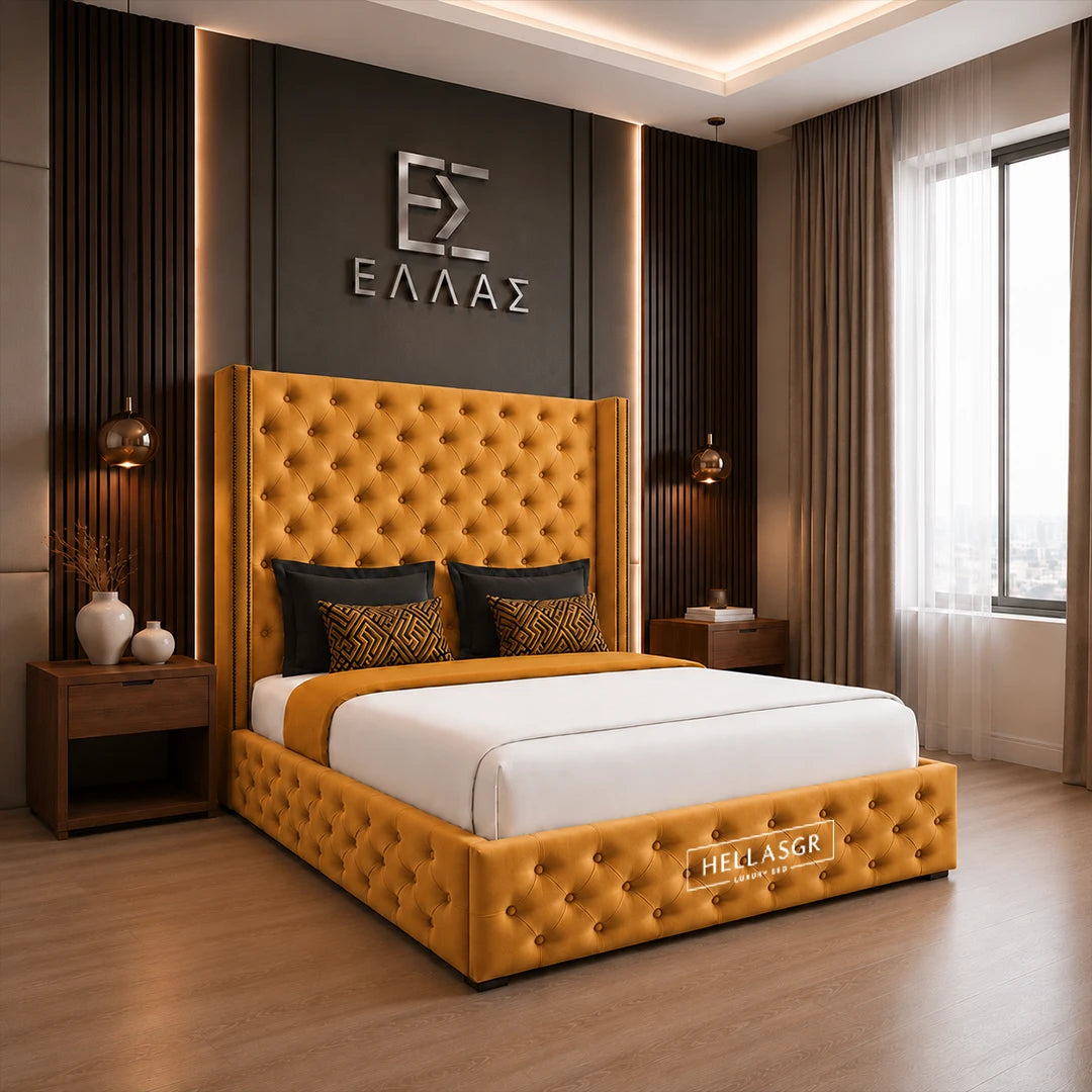 Modern bedroom with a tufted blue Midnight Columbus bed and decorative wall logo.