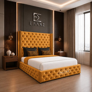 Modern bedroom with a tufted blue Midnight Columbus bed and decorative wall logo.