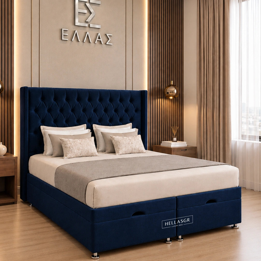  deep navy blue velvet, featuring a tall tufted headboard and matching storage base