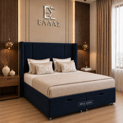tall navy blue upholstered headboard and matching storage base