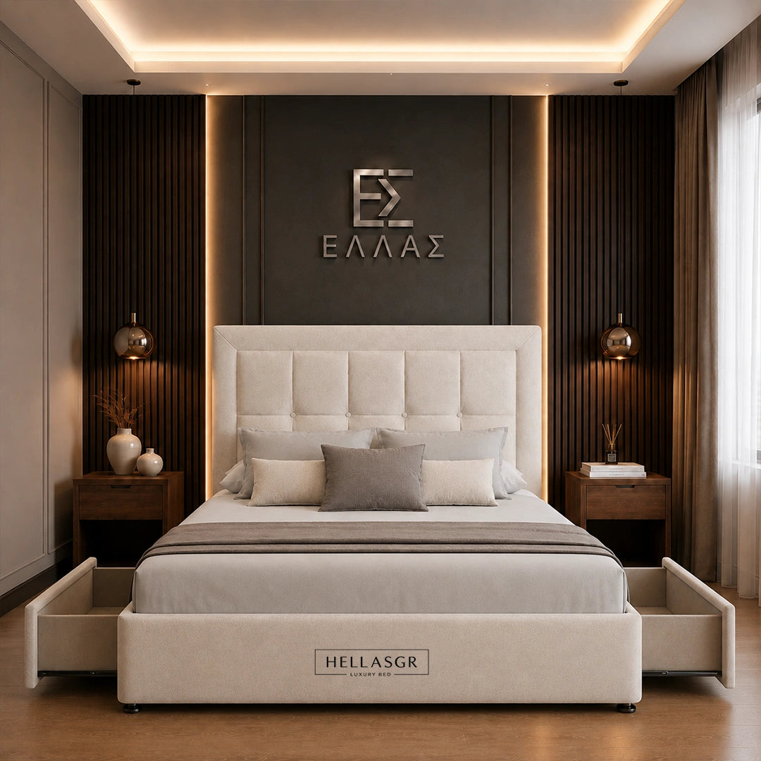 A luxury modern bed with a tufted cream headboard and matching storage base, shown in a styled bedroom with dark wood slat walls, gold wall lamps, and the brand name HELLASGR visible on the front of the bed frame and on the wall.