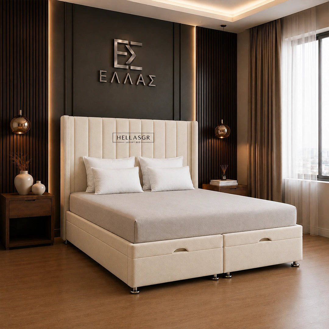 A cream upholstered bed with a tall segmented headboard and storage base