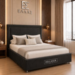 Luxury upholstered bed with side storage drawers in modern bedroom