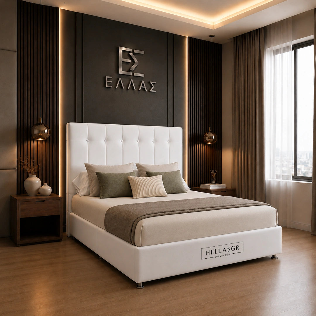 White luxury upholstered bed with side storage drawers in modern bedroom