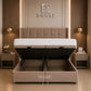 Beige upholstered bed with tufted headboard and drawer storage