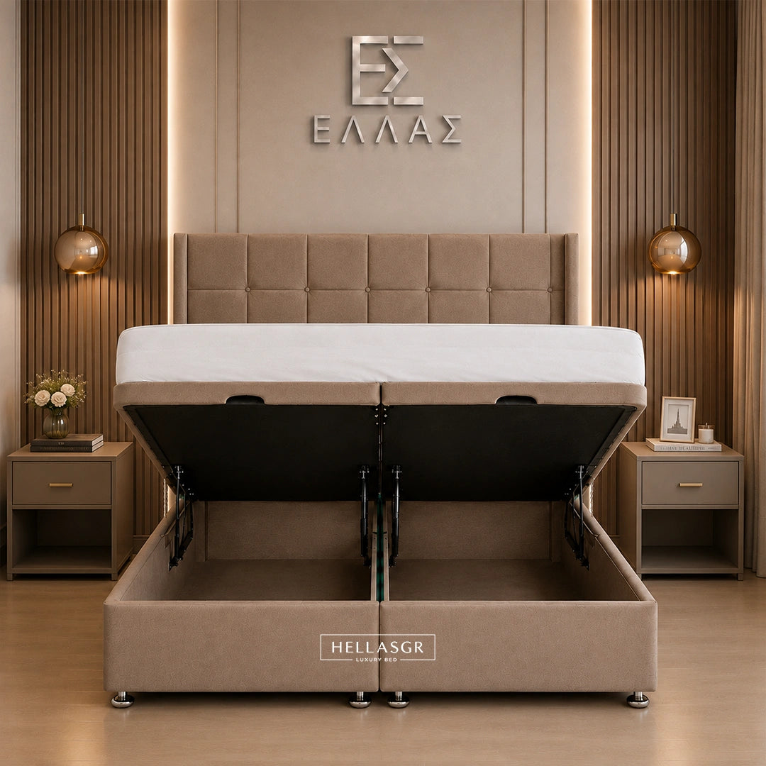 Beige upholstered bed with tufted headboard and drawer storage