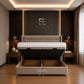 A modern lift-up storage bed frame in beige upholstery
