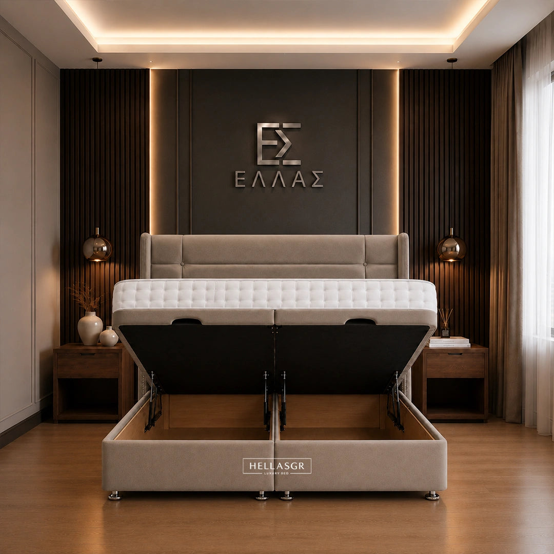 A modern lift-up storage bed frame in beige upholstery