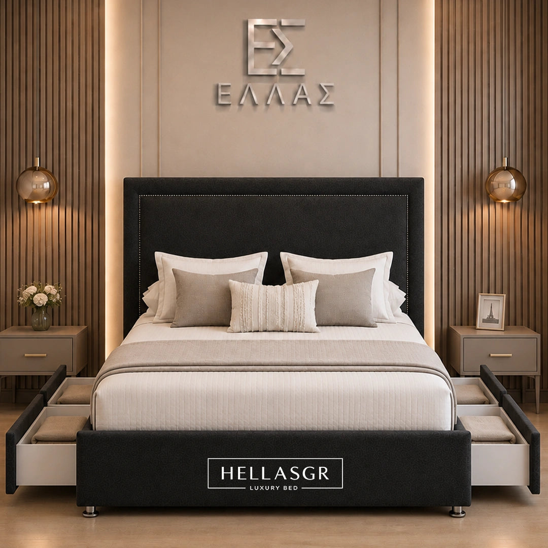 Luxury upholstered bed with side storage drawers in modern bedroom