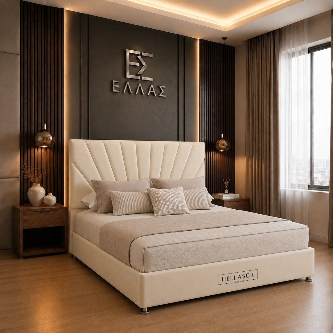 A luxury upholstered bed in cream/off-white leather with a pleated headboard, styled in a modern bedroom with a dark wood slatted accent wall, metallic 'HELLASGR' and 'ΕΛΛΑΣ' wall art, and warm ambient lighting.