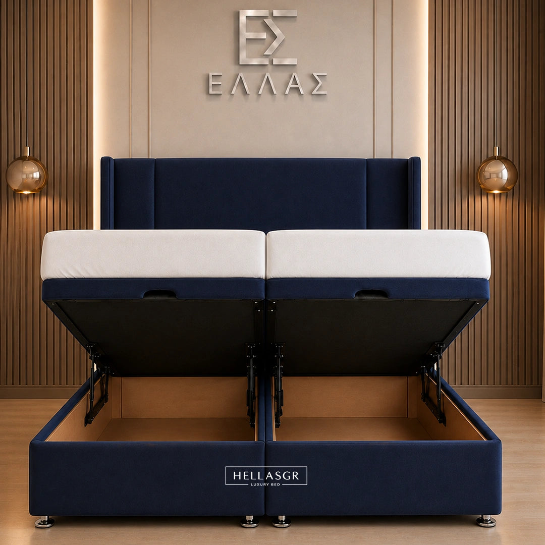tall navy blue upholstered headboard and matching storage base