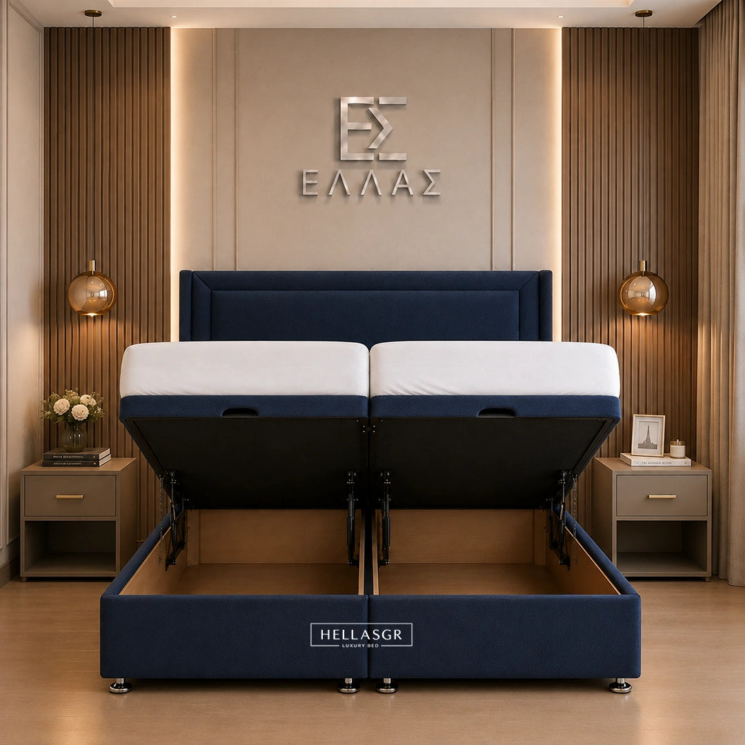 Navy blue upholstered bed frame with a tall headboard and storage base