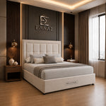 Luxury upholstered bed with side storage drawers in modern bedroom