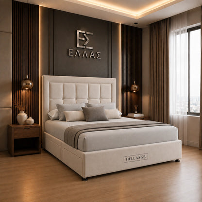 Luxury upholstered bed with side storage drawers in modern bedroom