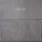 A gray upholstered headboard with a curved top