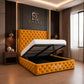 Modern bedroom with a tufted blue Midnight Columbus bed and decorative wall logo.