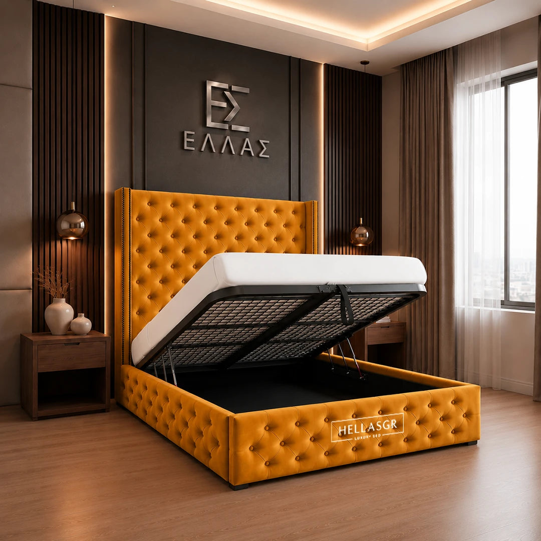 Modern bedroom with a tufted blue Midnight Columbus bed and decorative wall logo.