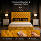 Modern bedroom with a tufted blue Midnight Columbus bed and decorative wall logo.