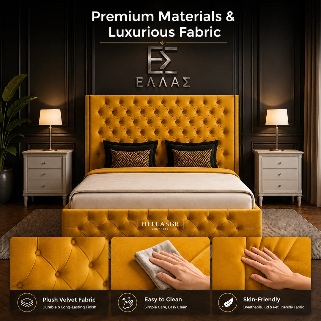 Modern bedroom with a tufted blue Midnight Columbus bed and decorative wall logo.