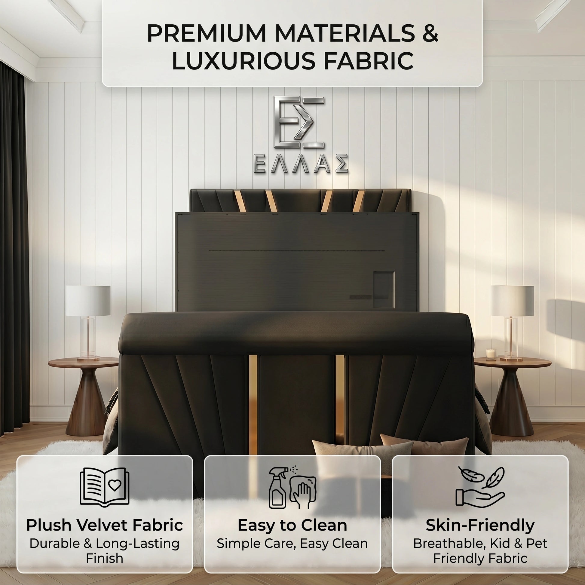Vector Gold Trim TV Bed, Gold Trim TV Bed, Storage Compartment Bed, High Headboard Bed