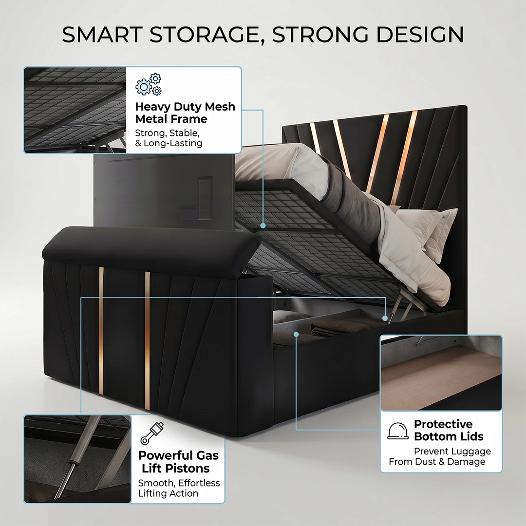 Vector Gold Trim TV Bed, Gold Trim TV Bed, Storage Compartment Bed, High Headboard Bed