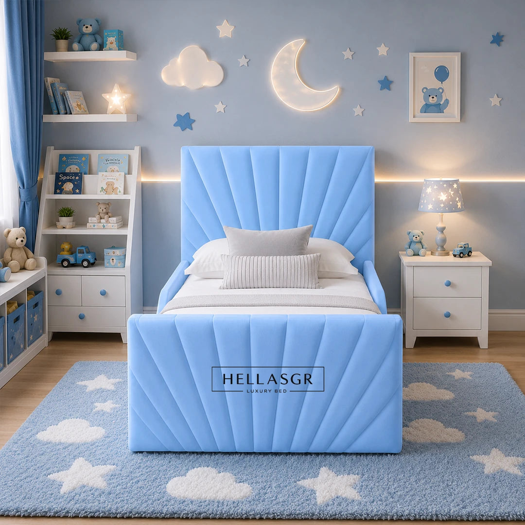 A light blue upholstered children's bed with a pleated headboard and matching footboard