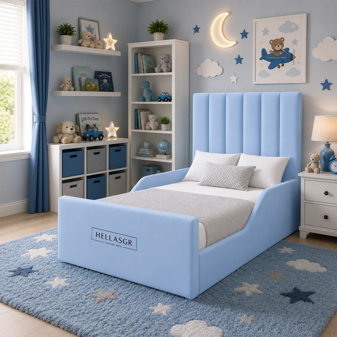 A light blue upholstered children's bed with a tall channel-tufted headboard and matching footboard