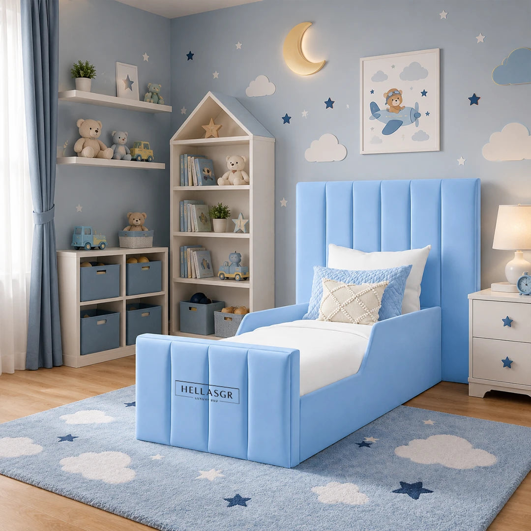 blue kids bed, high headboard bed, single bed
