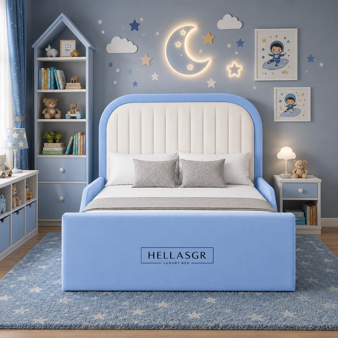 A light blue and white children's bed frame with a padded headboard and footboard