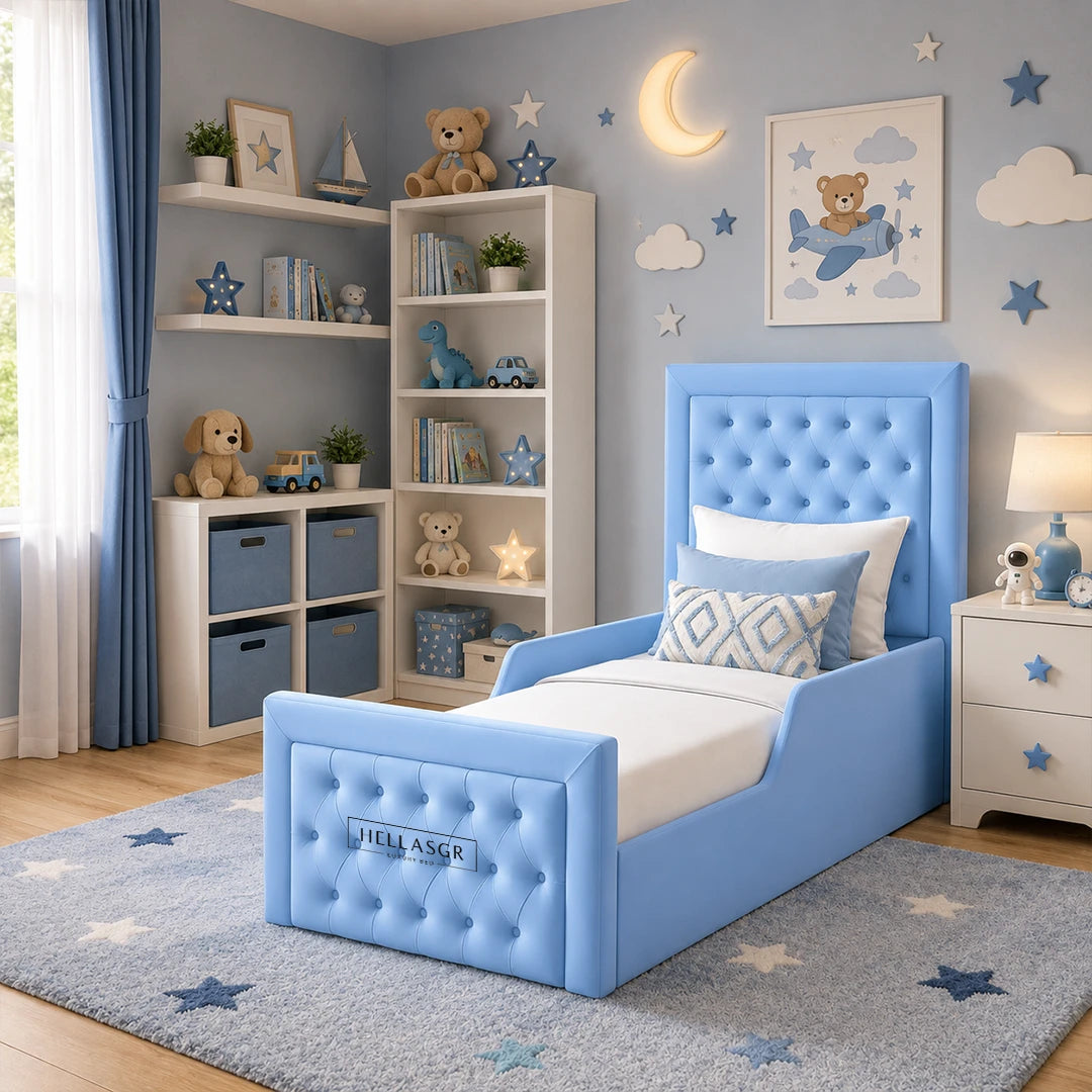 A light blue tufted children's bed with a high headboard and matching footboard