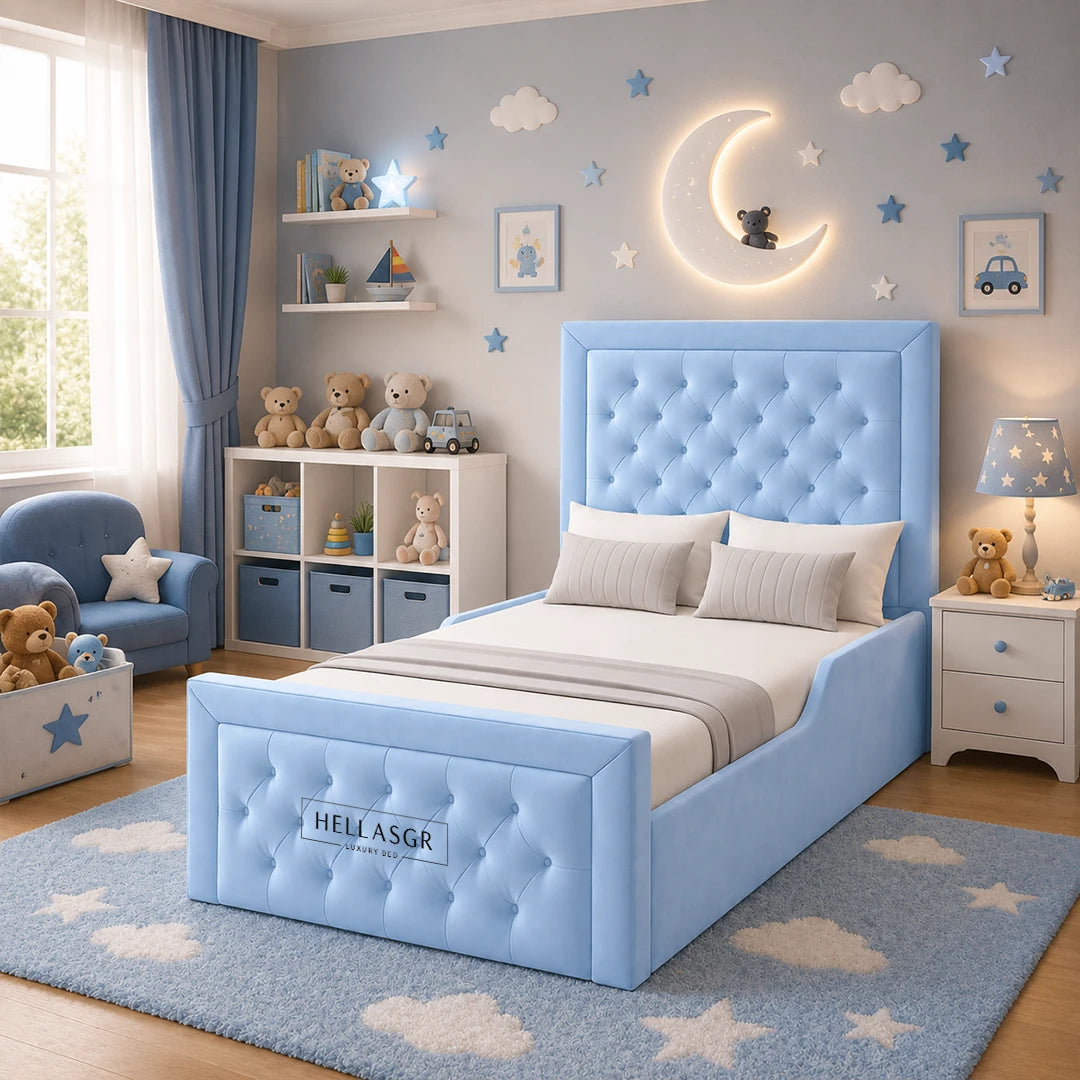 A light blue tufted children's bed frame with a matching headboard and footboard