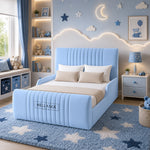 A light blue upholstered bed with a tall channel-tufted headboard and matching footboard