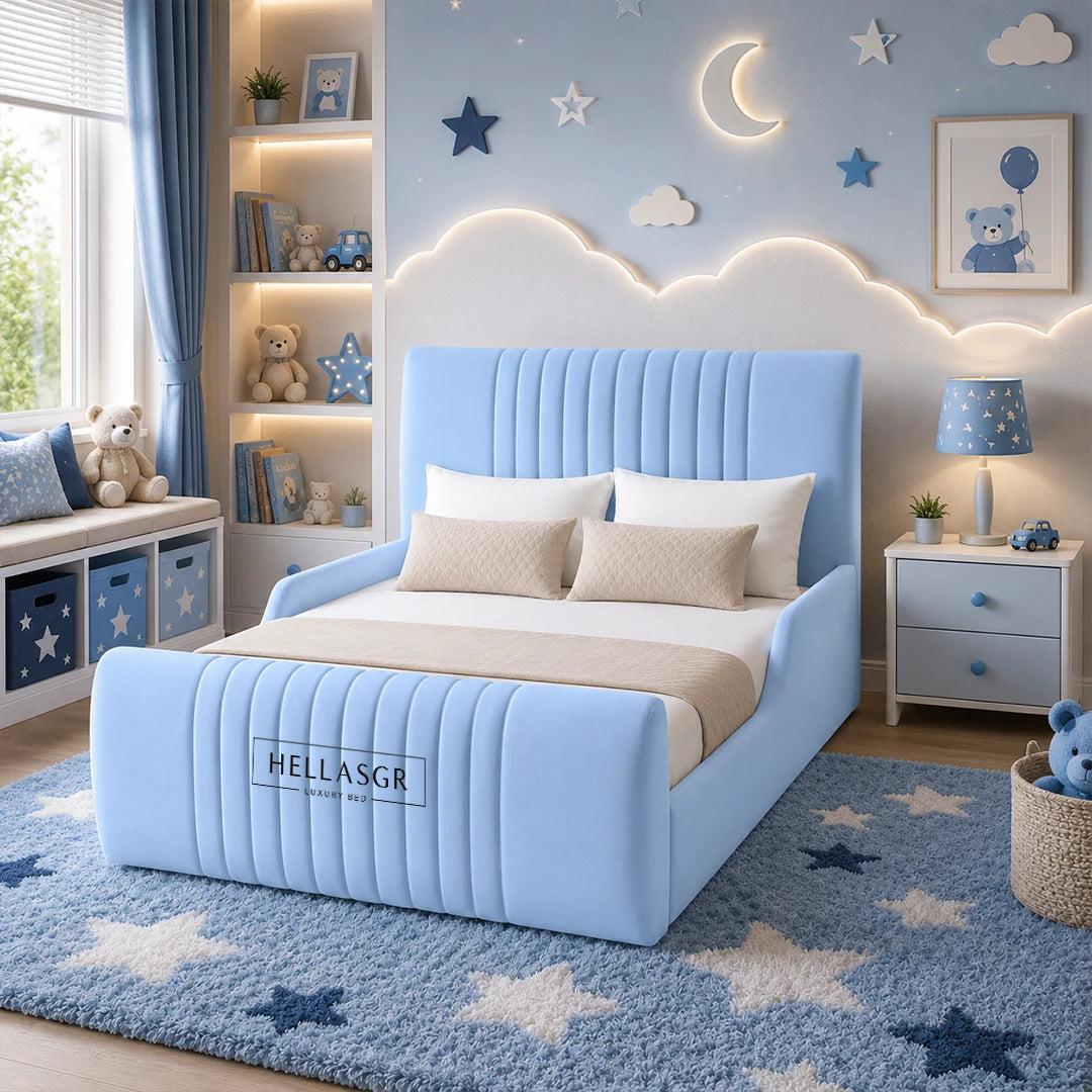 A light blue upholstered bed with a tall channel-tufted headboard and matching footboard