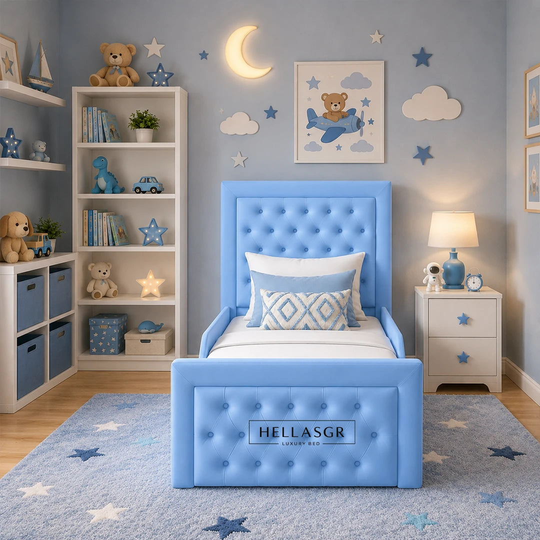 A light blue tufted children's bed with a high headboard and matching footboard