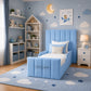 blue kids bed, high headboard bed, single bed