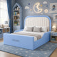 A light blue and white children's bed frame with a padded headboard and footboard